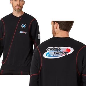 PUMA BMW Motorsport XL Black Garage Crew Drive Racing Patches Sweatshirt Sweater
